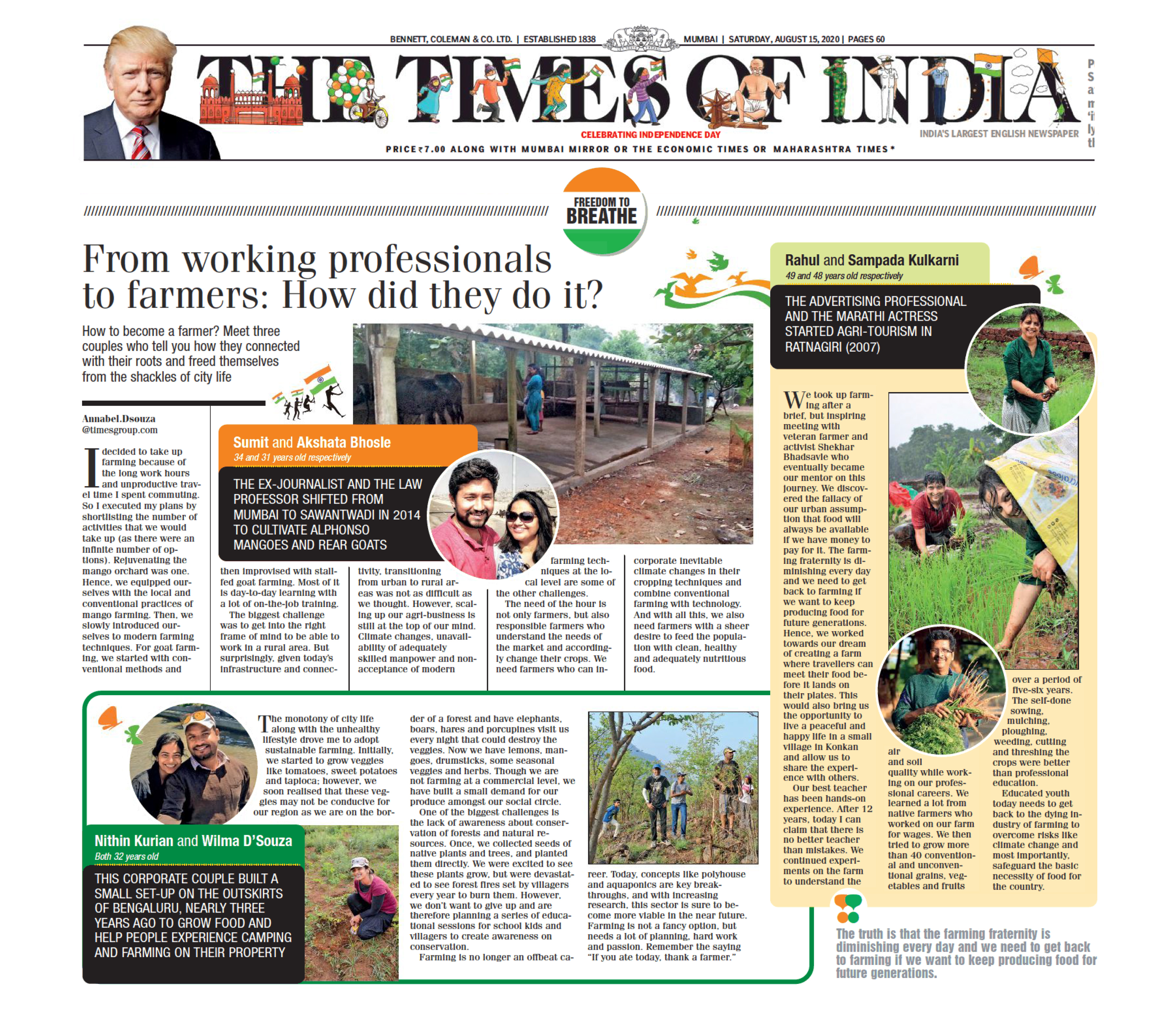 Farm of Happiness in the Times of India, 15 August 2020